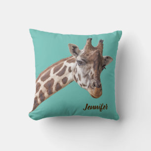 Giraffe Animal Photo on Teal Personalised Name Cushion
