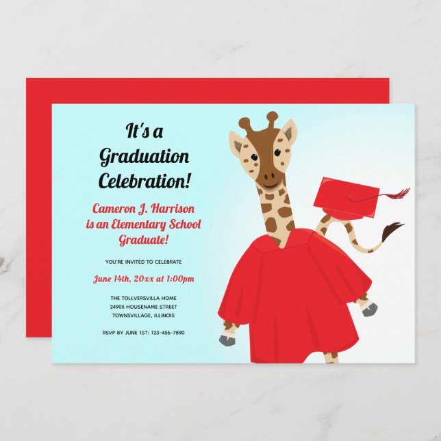 Giraffe Animal Red Black Blue Kid Graduation Invitation (Front/Back)