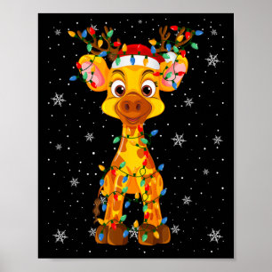 Giraffe Animal Santa Hat Ugly Christmas Tree Light Poster