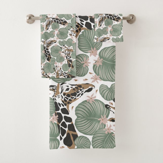 Giraffe Animal Tropical Leaf Jungle Pattern Bath Towel Set (Insitu)