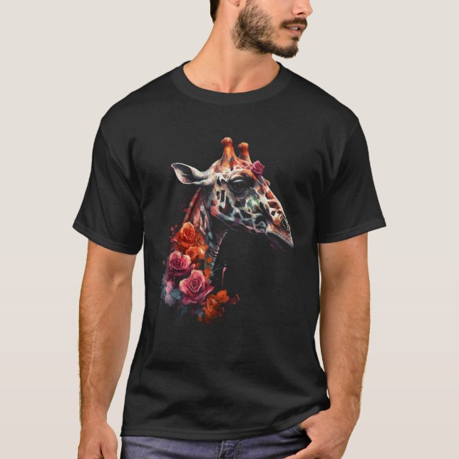 Giraffe Artwork Flowers Animal T-Shirt (Front)