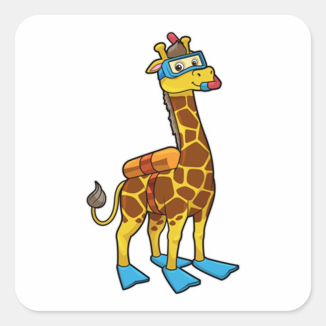 Giraffe as Diver with Swimming goggles & Flippers Square Sticker (Front)