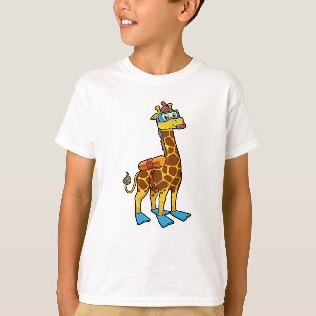Giraffe as Diver with Swimming goggles & Flippers T-Shirt (Front)