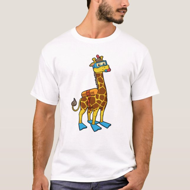 Giraffe as Diver with Swimming goggles & Flippers T-Shirt (Front)