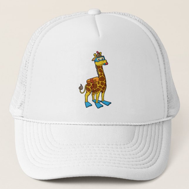 Giraffe as Diver with Swimming goggles & Flippers Trucker Hat (Front)