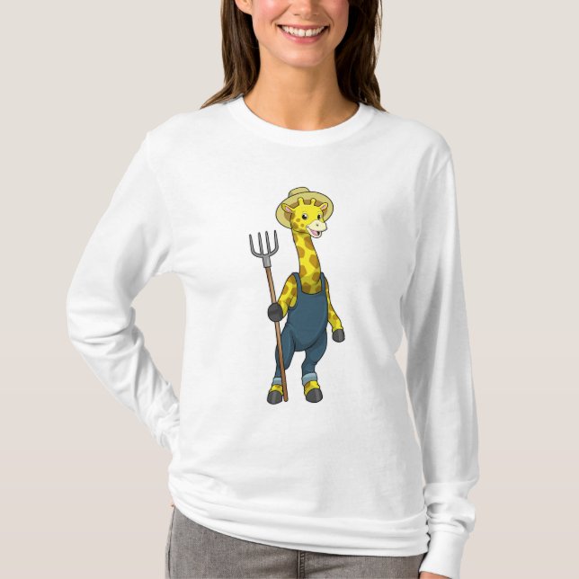 Giraffe as Farmer with Pitchfork T-Shirt (Front)