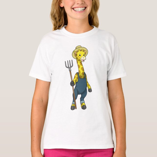 Giraffe as Farmer with Pitchfork T-Shirt (Front)