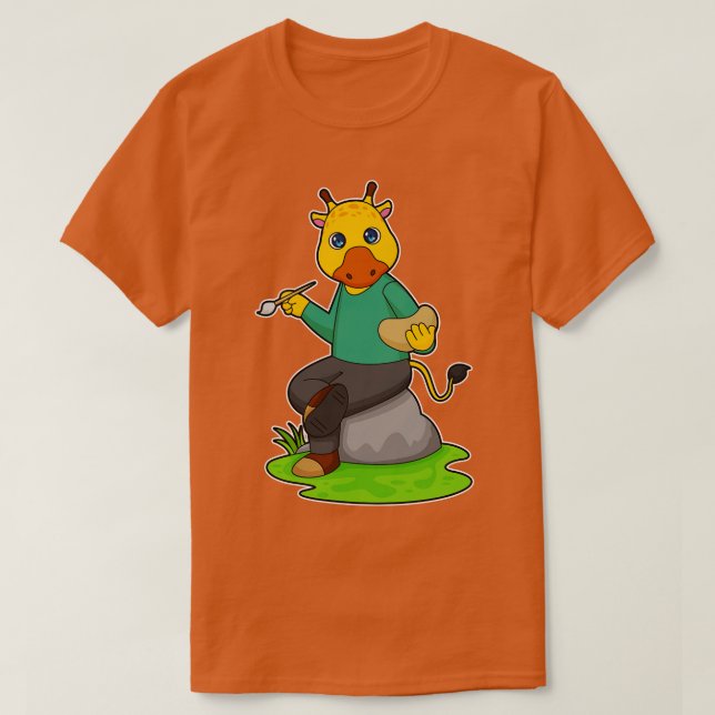 Giraffe As Painter With Paint Brush  T-Shirt (Design Front)