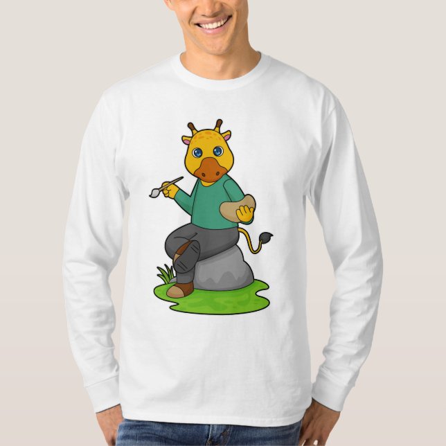 Giraffe as Painter with Paint brush T-Shirt (Front)
