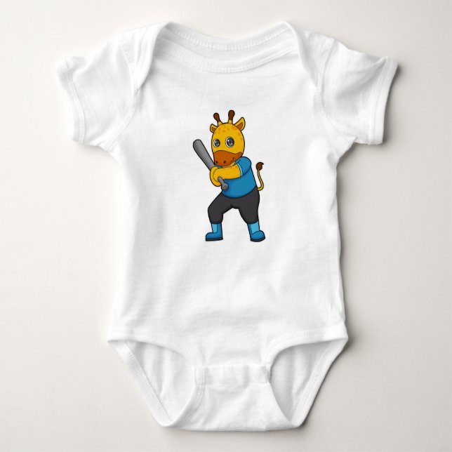 Giraffe at Baseball  with Baseball bat Baby Bodysuit (Front)