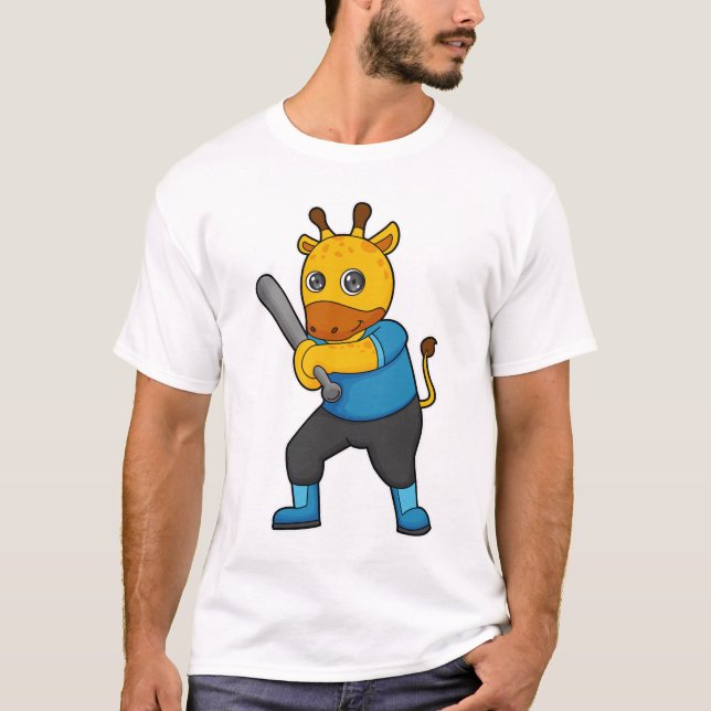 Giraffe at Baseball  with Baseball bat T-Shirt (Front)