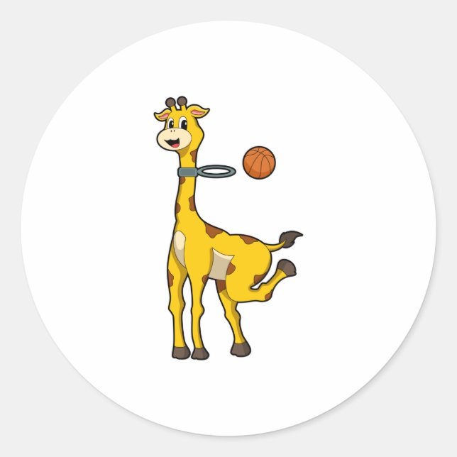 Giraffe at Basketball with Basketball hoop Classic Round Sticker (Front)