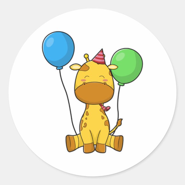 Giraffe at Birthday with Balloons Classic Round Sticker (Front)