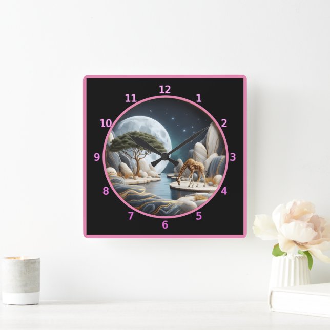 Giraffe at moonlit water in Africa Square Wall Clock (Home)