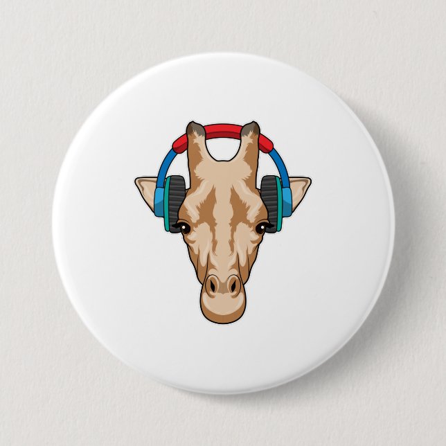 Giraffe at Music with Headphone 7.5 Cm Round Badge (Front)