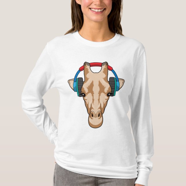 Giraffe at Music with Headphone T-Shirt (Front)