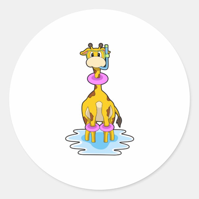 Giraffe at Swimming with Swim ring Classic Round Sticker (Front)