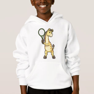 Giraffe at Tennis with Tennis racket