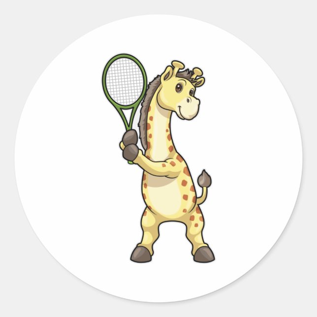 Giraffe at Tennis with Tennis racket Classic Round Sticker (Front)