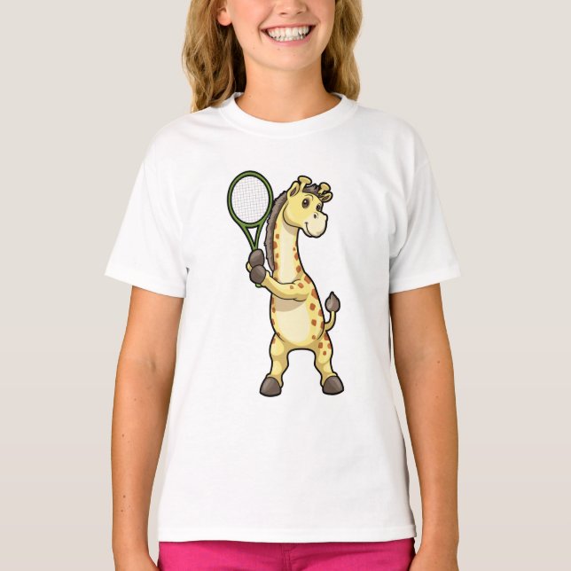 Giraffe at Tennis with Tennis racket T-Shirt (Front)