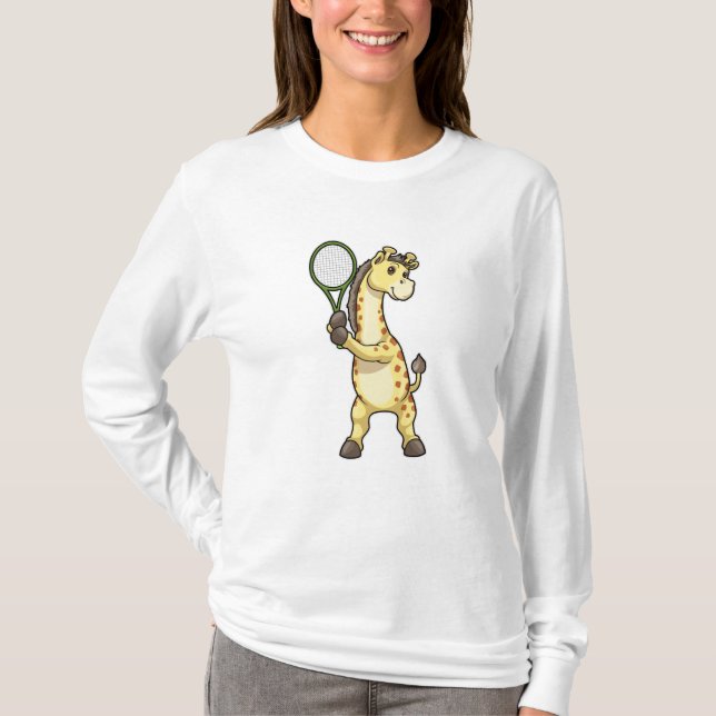 Giraffe at Tennis with Tennis racket T-Shirt (Front)