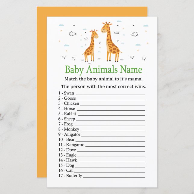 Giraffe Baby Animals Name Game (Front/Back)