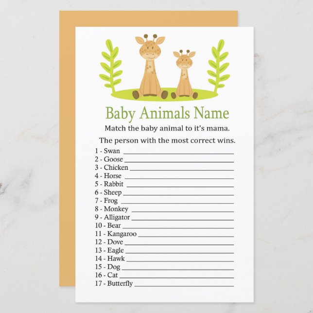 Giraffe Baby Animals Name Game (Front/Back)