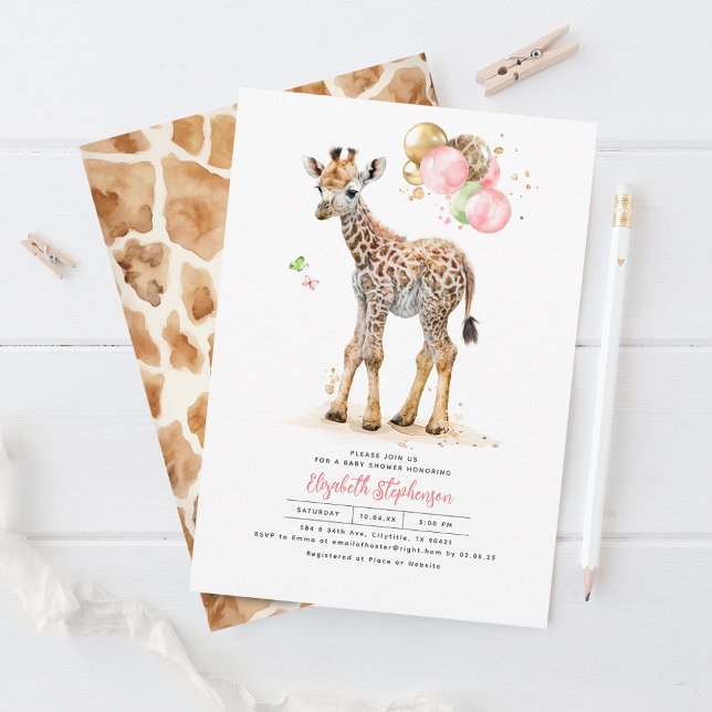 Giraffe Baby Pink Brown Gold Green Baby Shower Invitation (Creator Uploaded)