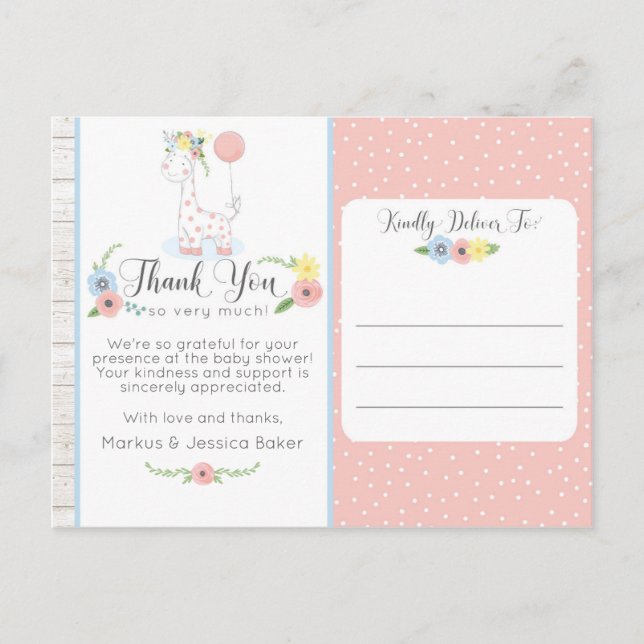 Giraffe Baby Shower Cute Floral Thank You Photo Postcard (Front)