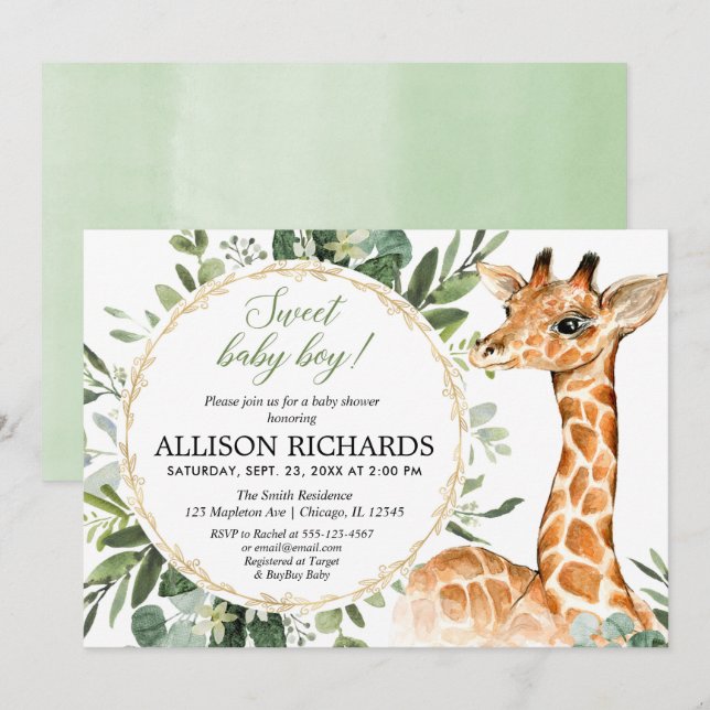 Giraffe baby shower for boy, Sweet baby boy jungle Invitation (Front/Back)