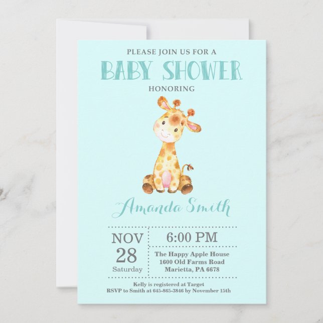 Giraffe Baby Shower Invitation Aqua and Grey (Front)