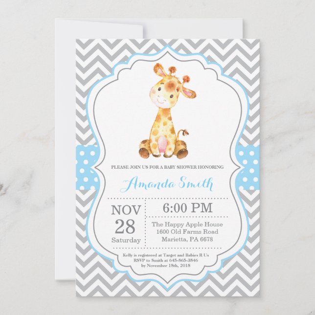 Giraffe Baby Shower Invitation Blue and Grey (Front)