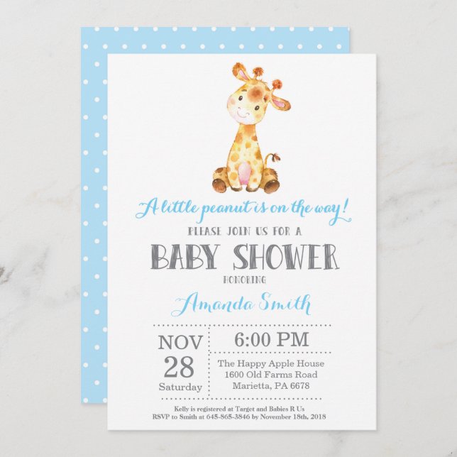 Giraffe Baby Shower Invitation Blue and Grey (Front/Back)