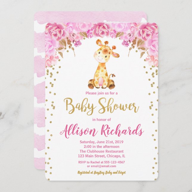 Giraffe baby shower invitation girl pink gold (Front/Back)