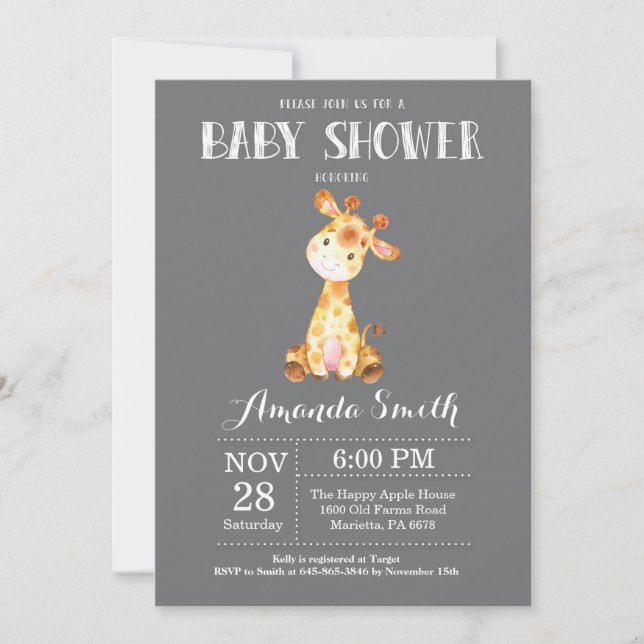 Giraffe Baby Shower Invitation Grey (Front)