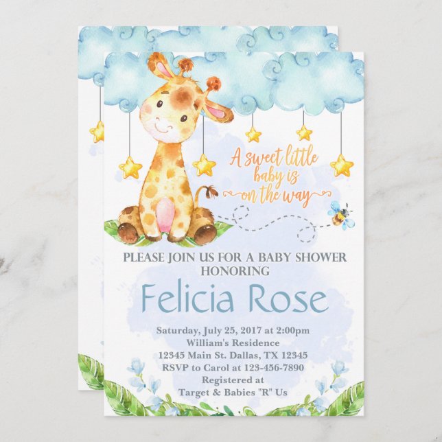 Giraffe Baby Shower Invitation Invite Blue Boy (Front/Back)