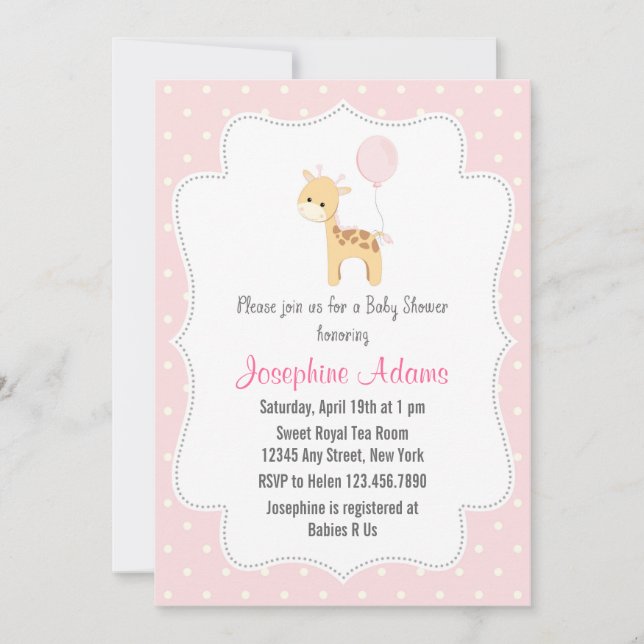 Giraffe Baby Shower Invitation Pink (Front)