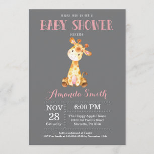 Giraffe Baby Shower Invitation Pink and Grey