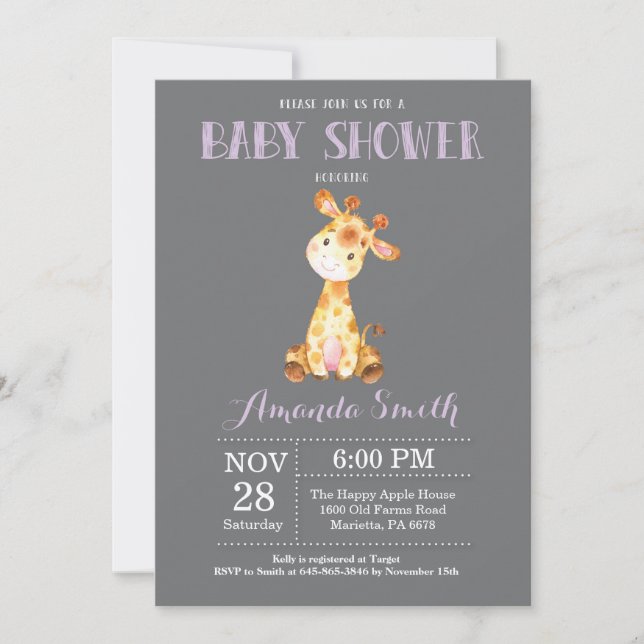 Giraffe Baby Shower Invitation Purple and Grey (Front)
