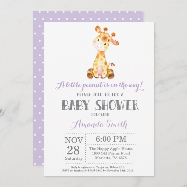 Giraffe Baby Shower Invitation Purple and Grey (Front/Back)