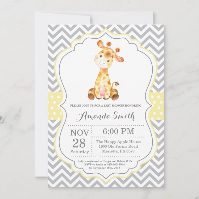 Giraffe Baby Shower Invitation Yellow and Grey (Front)