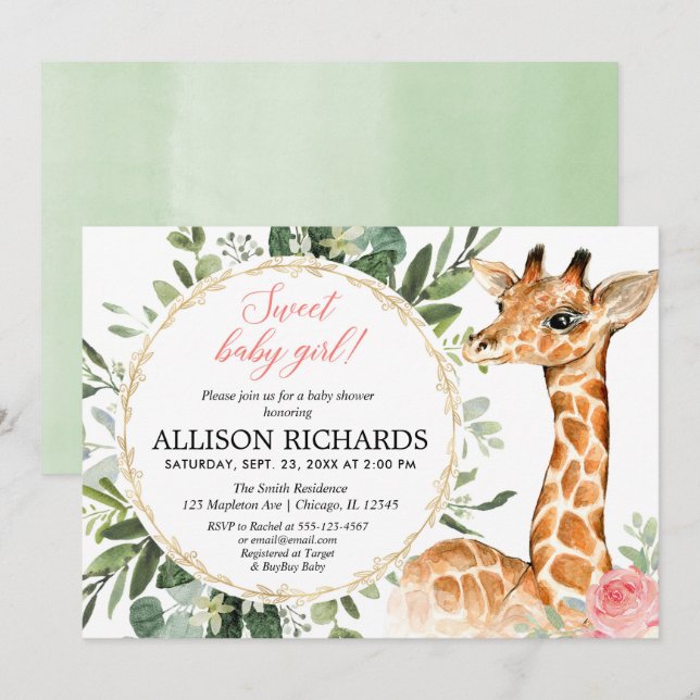 Giraffe baby shower, Sweet baby girl jungle theme Invitation (Front/Back)