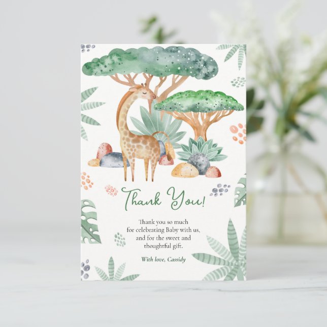 Giraffe Baby Shower watercolor tropical animal  Thank You Card (Standing Front)