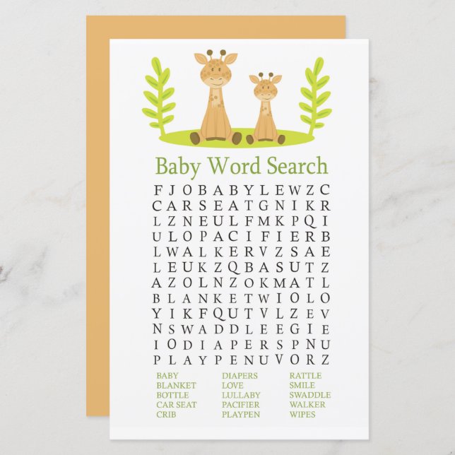 Giraffe Baby Shower Word Search Game (Front/Back)