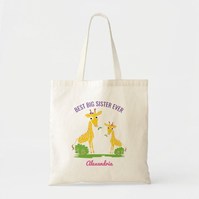 Giraffe Best Big Sister Ever Girls Personalised Tote Bag (Front)
