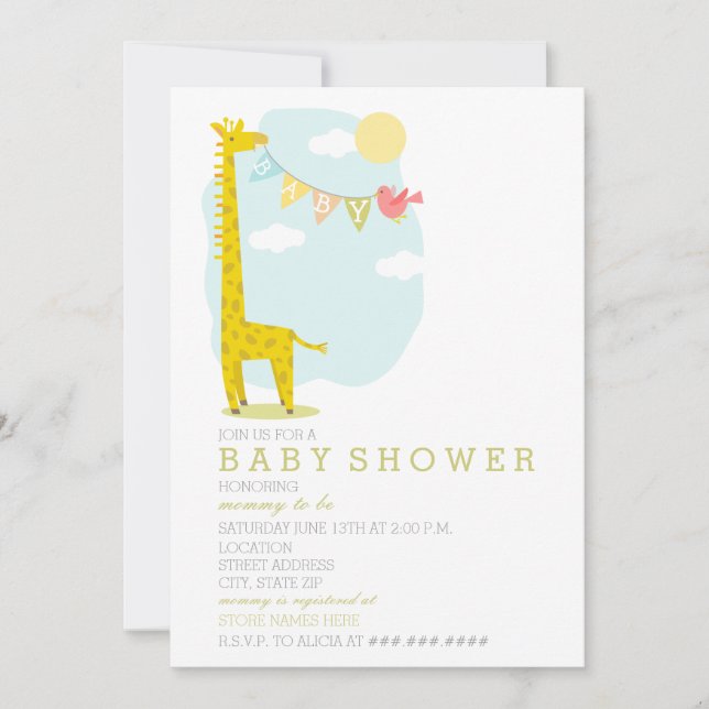 Giraffe + Bird Neutral Baby Shower Invitation (Front)