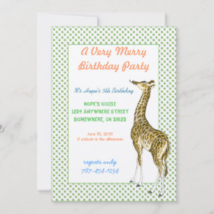 Giraffe Birthday Party Invitation Green Dot Border