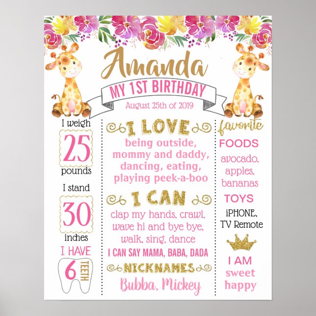 Giraffe Birthday Party sign poster board (Front)