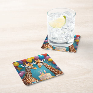 Giraffe Birthday Party With Balloons Cake, Square Paper Coaster