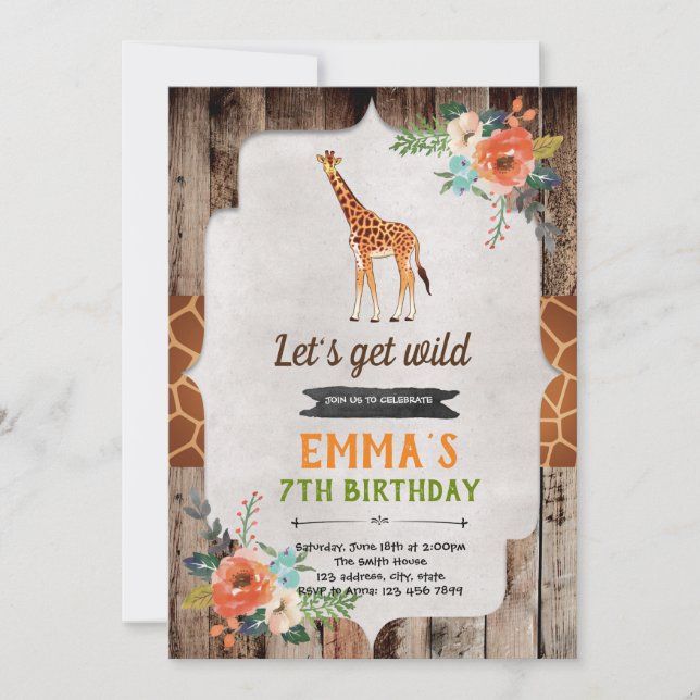 Giraffe birthday shower party invitation (Front)